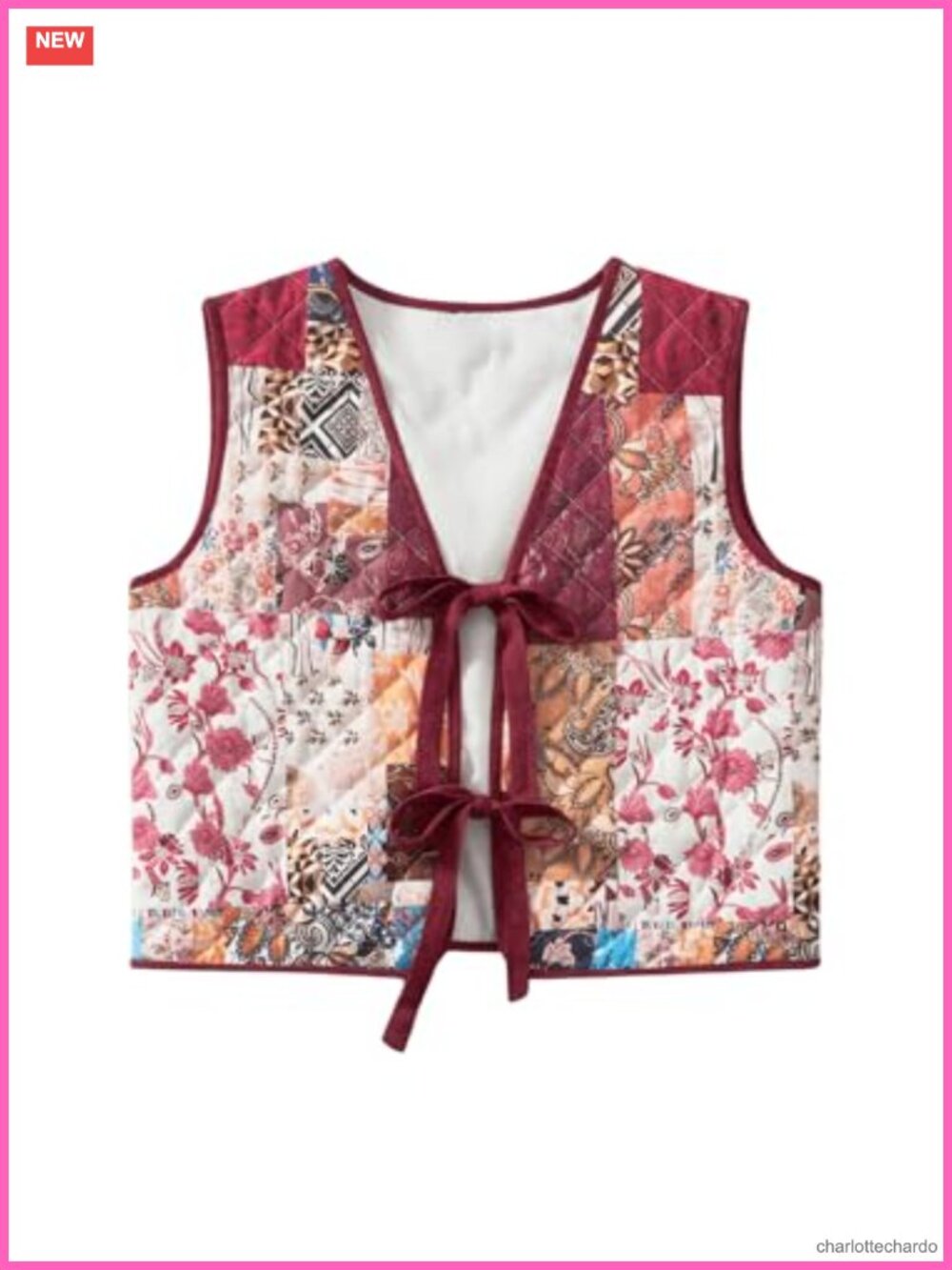 Floral Print Padded Puffer Vest Bow Tie Front Sleeveless Gilet